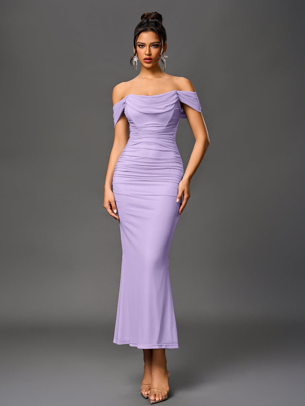Vestido Estela Ajustado De Fiesta De Verano Elegante De Color Rosa Con Volantes En El Bajo Y Hombros Descubiertos