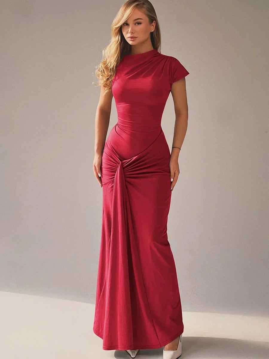 Vestido largo fluido de mujer fruncido con mangas cortas para fiesta