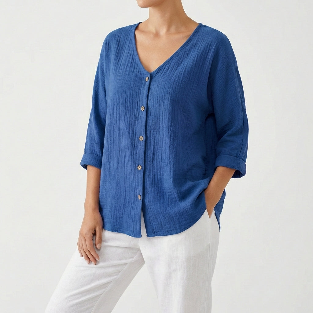 JIMENA | MUJER BLUSA ESCOTE V CON BOTONES CASUAL