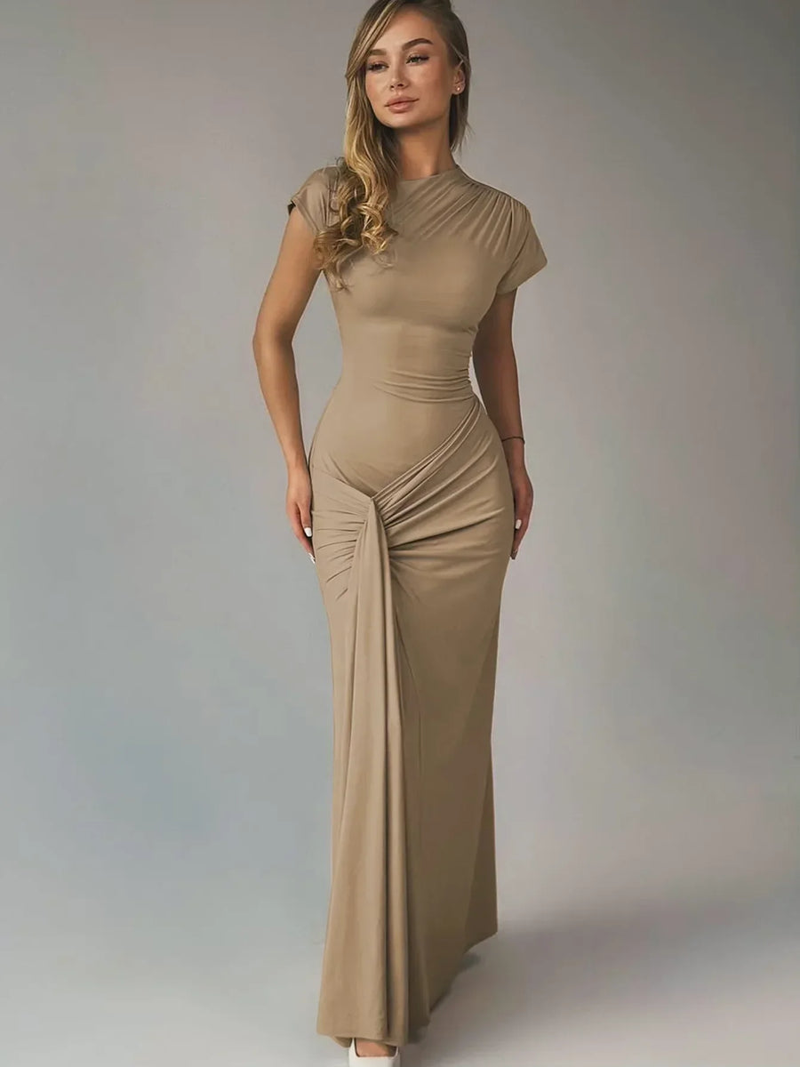 Vestido largo fluido de mujer fruncido con mangas cortas para fiesta