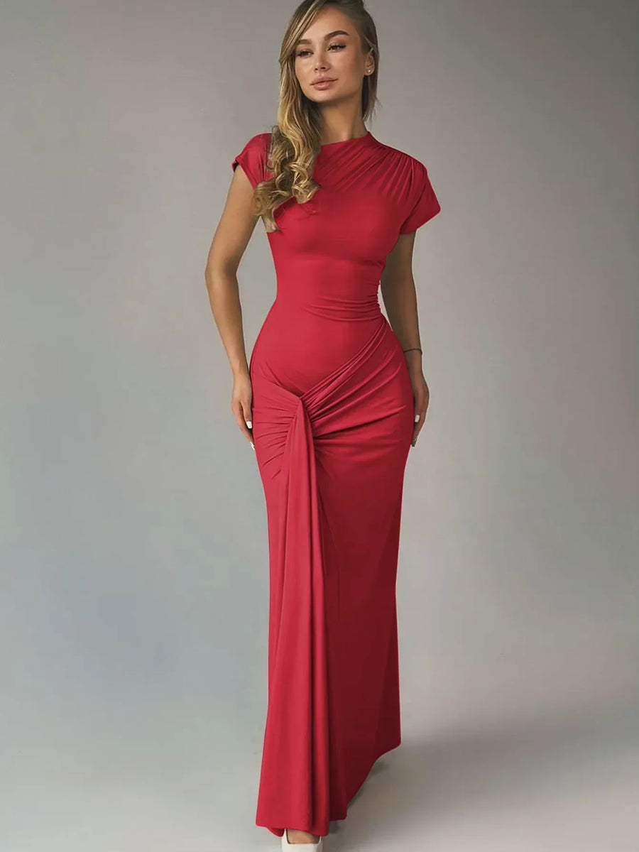 Vestido largo fluido de mujer fruncido con mangas cortas para fiesta