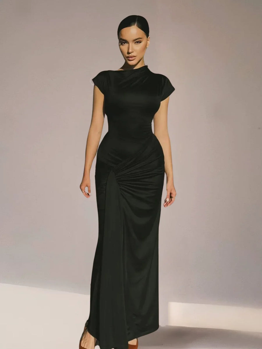 Vestido largo fluido de mujer fruncido con mangas cortas para fiesta