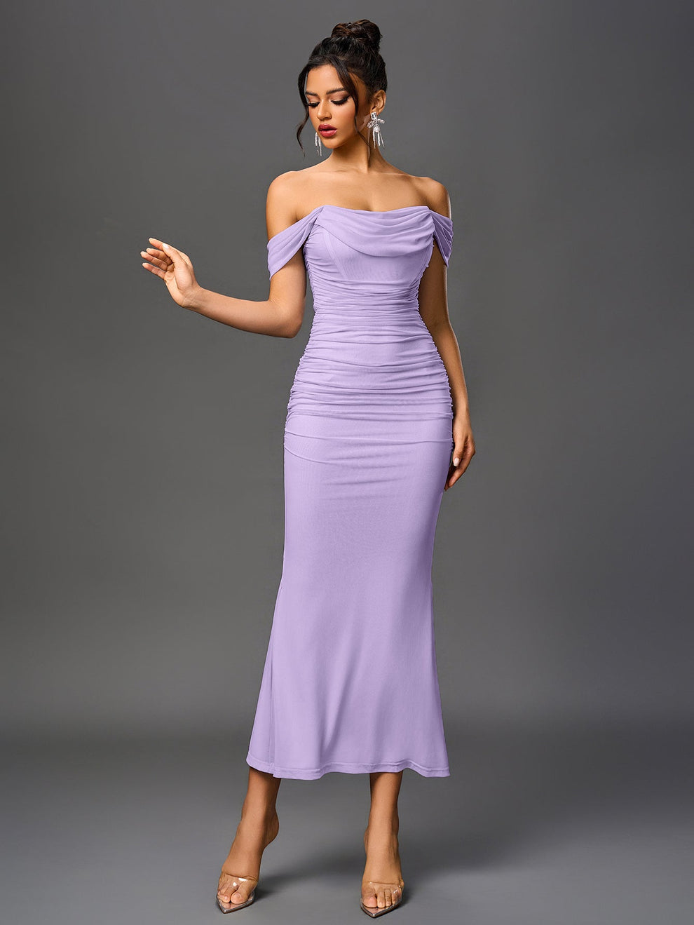 Vestido Estela Ajustado De Fiesta De Verano Elegante De Color Rosa Con Volantes En El Bajo Y Hombros Descubiertos