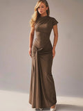 Vestido largo fluido de mujer fruncido con mangas cortas para fiesta