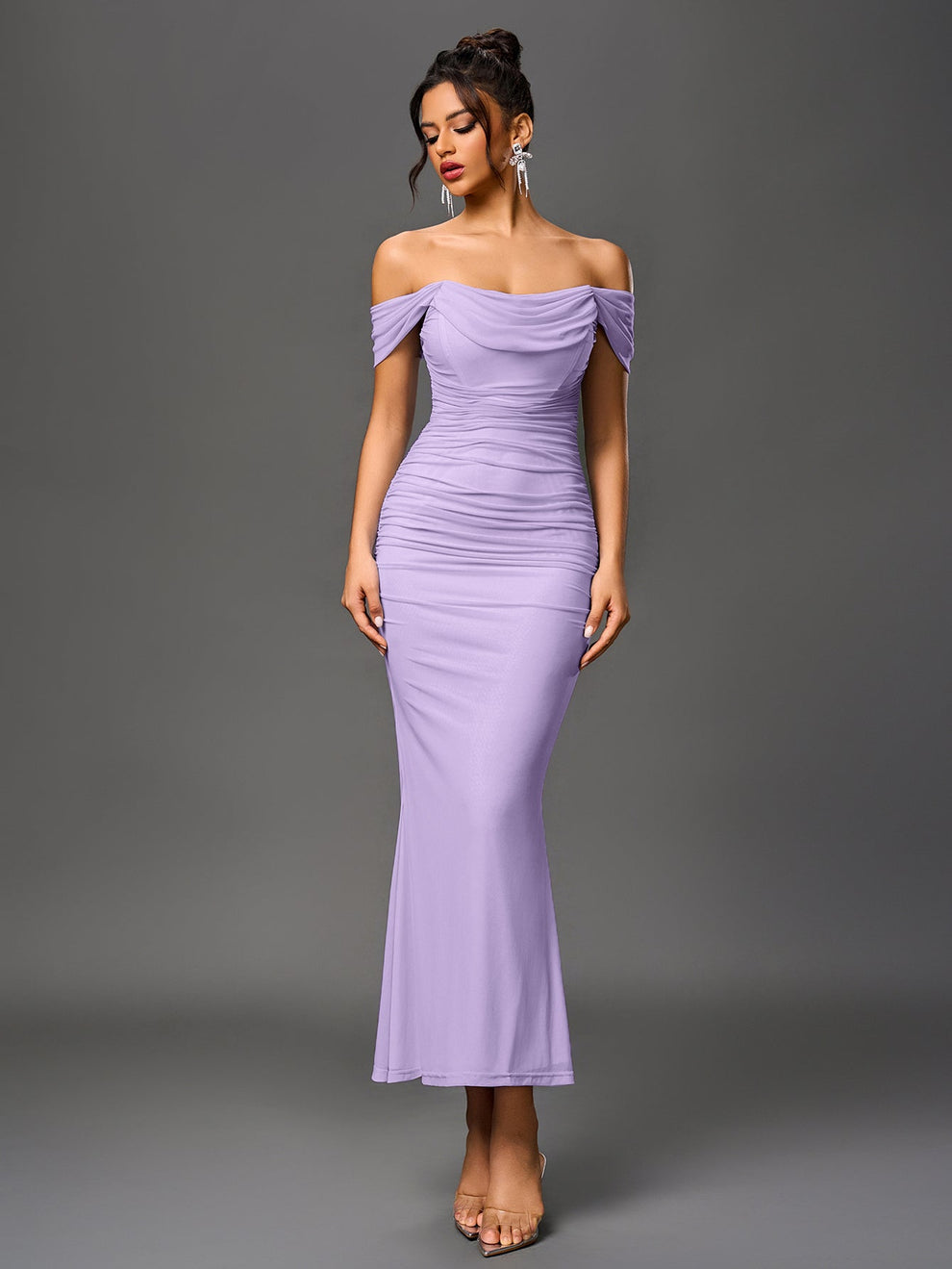 Vestido Estela Ajustado De Fiesta De Verano Elegante De Color Rosa Con Volantes En El Bajo Y Hombros Descubiertos
