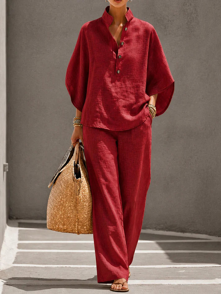 Conjunto de lino con mangas murciélago y pantalón ancho