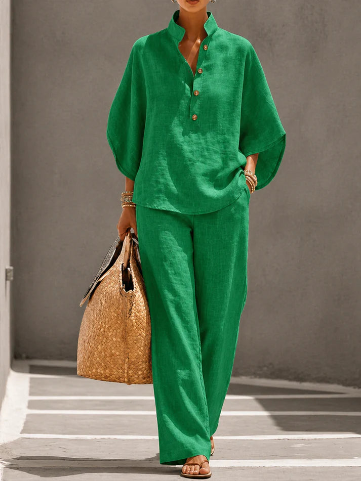 Conjunto de lino con mangas murciélago y pantalón ancho