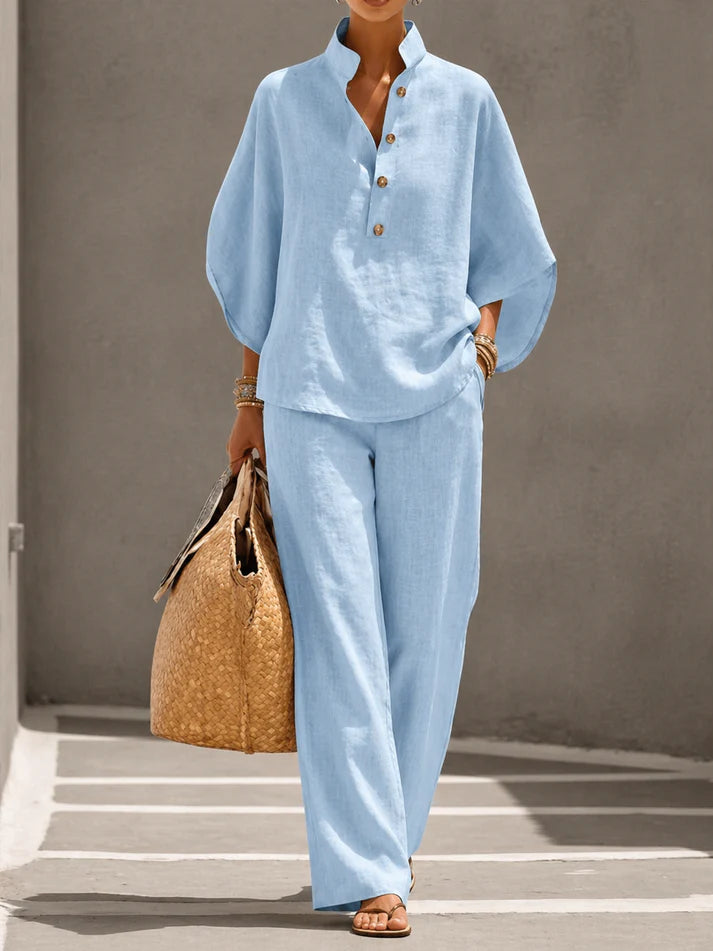 Conjunto de lino con mangas murciélago y pantalón ancho
