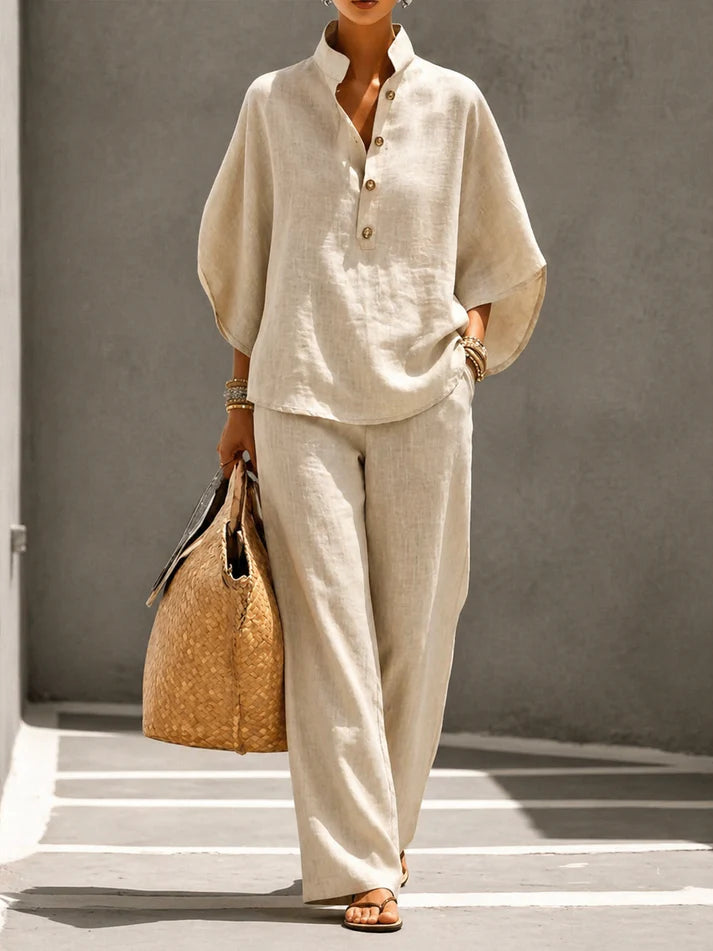 Conjunto de lino con mangas murciélago y pantalón ancho
