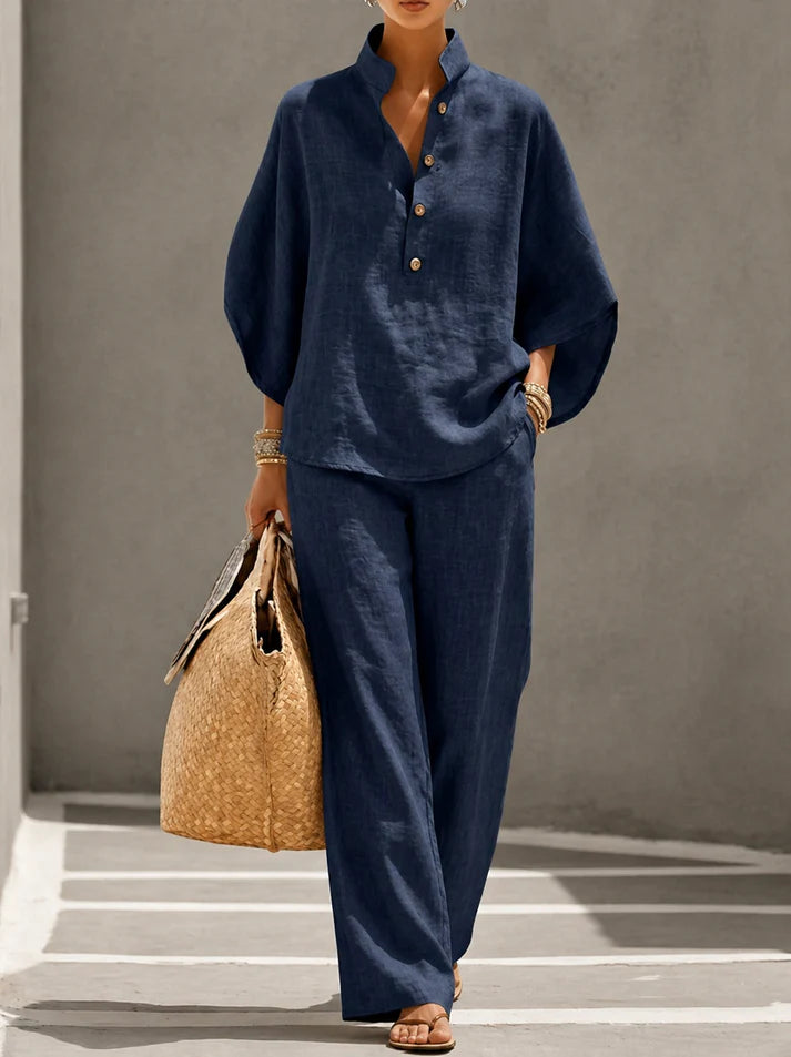Conjunto de lino con mangas murciélago y pantalón ancho