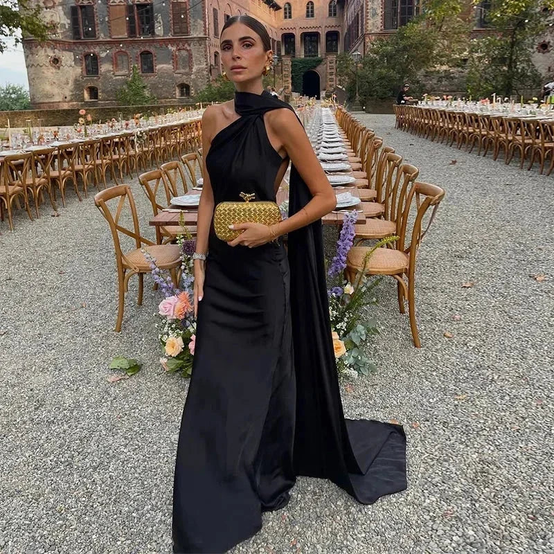 Vestido largo mujer drapeado de un solo tirante