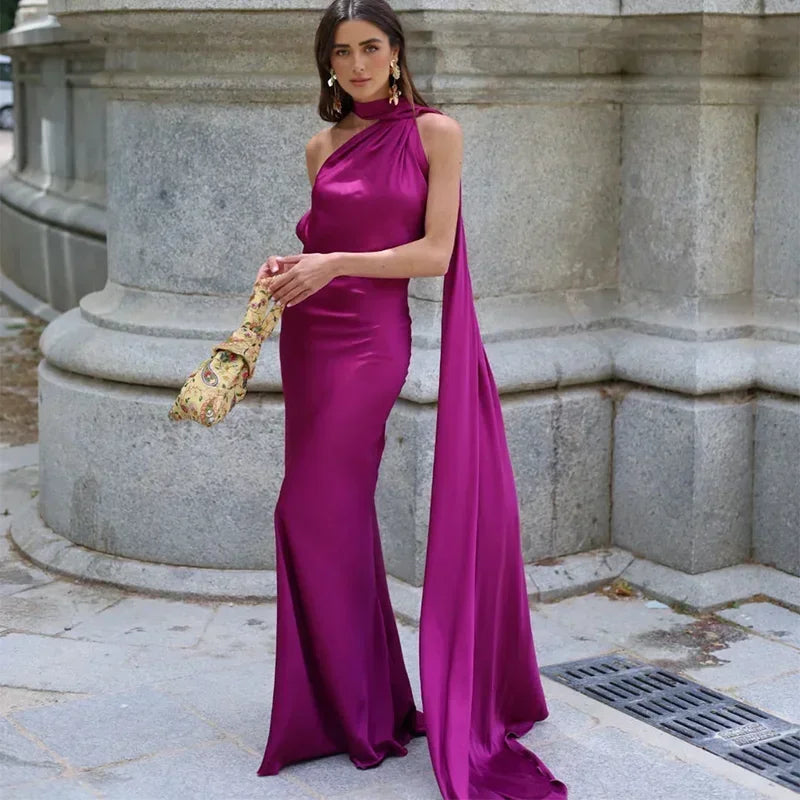 Vestido largo mujer drapeado de un solo tirante