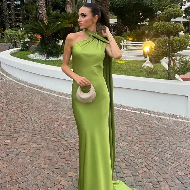 Vestido largo mujer drapeado de un solo tirante