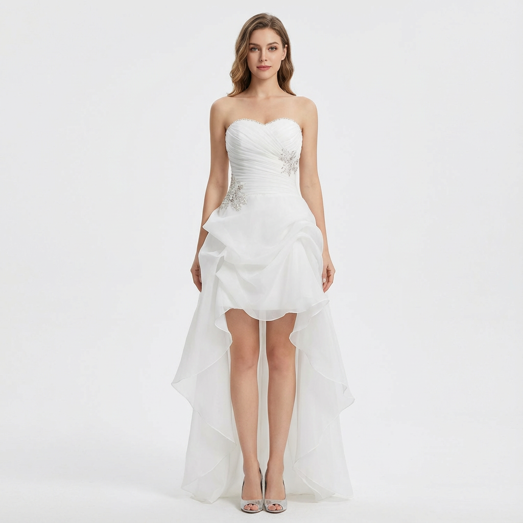 LUCIA | MUJER BLANCO VESTIDO NOVIA ASIMÉTRICO CON ESCOTE CORAZÓN Y APLIQUES CRISTAL | GLAMUROSO