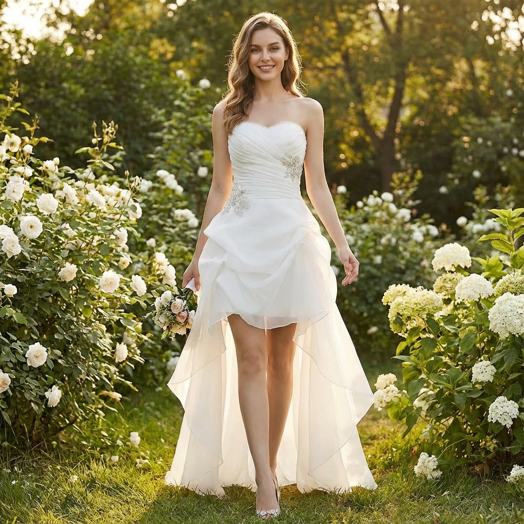 LUCIA | MUJER BLANCO VESTIDO NOVIA ASIMÉTRICO CON ESCOTE CORAZÓN Y APLIQUES CRISTAL | GLAMUROSO