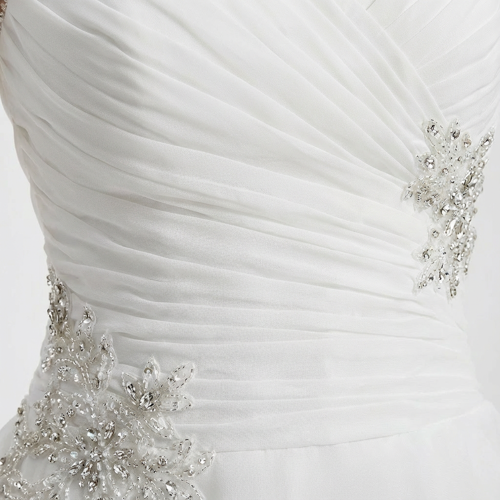 LUCIA | MUJER BLANCO VESTIDO NOVIA ASIMÉTRICO CON ESCOTE CORAZÓN Y APLIQUES CRISTAL | GLAMUROSO